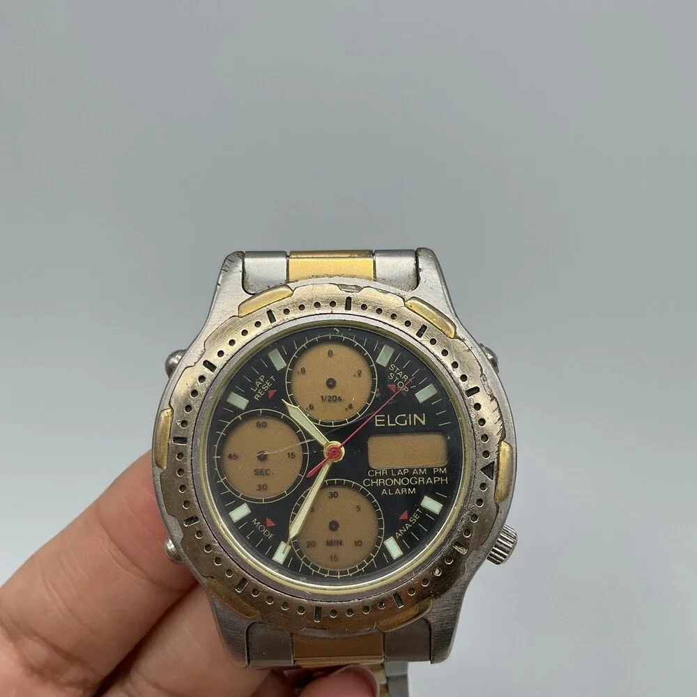 Elgin Mens Watch 40mm Black Gold Dial Chronograph NOT RUNNING FOR PARTS
